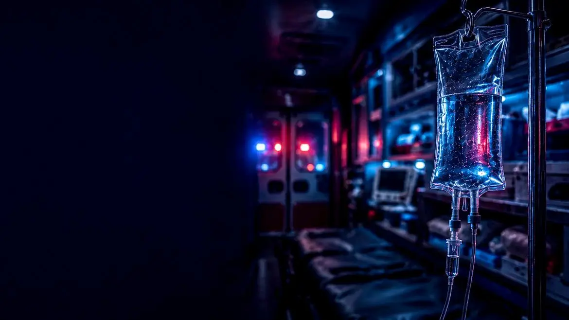 Ambulance interior at night with an IV bag hanging