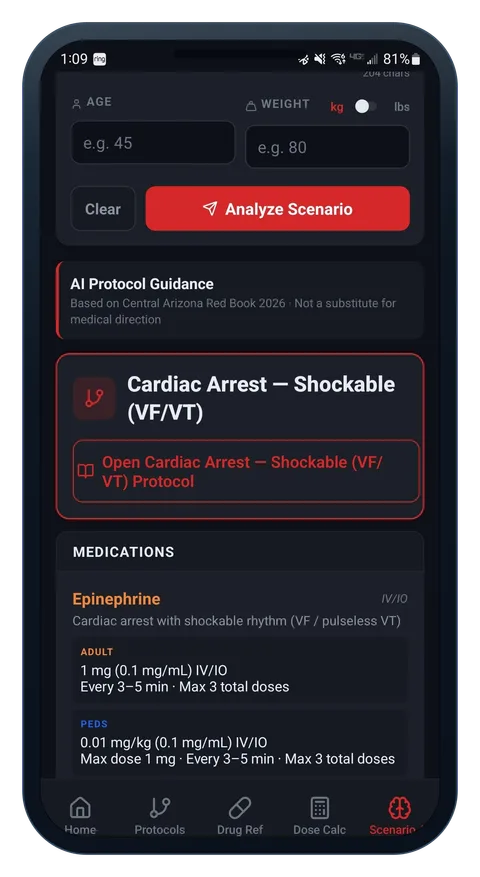 Scenario AI results linking to the cardiac arrest protocol with medication dosing