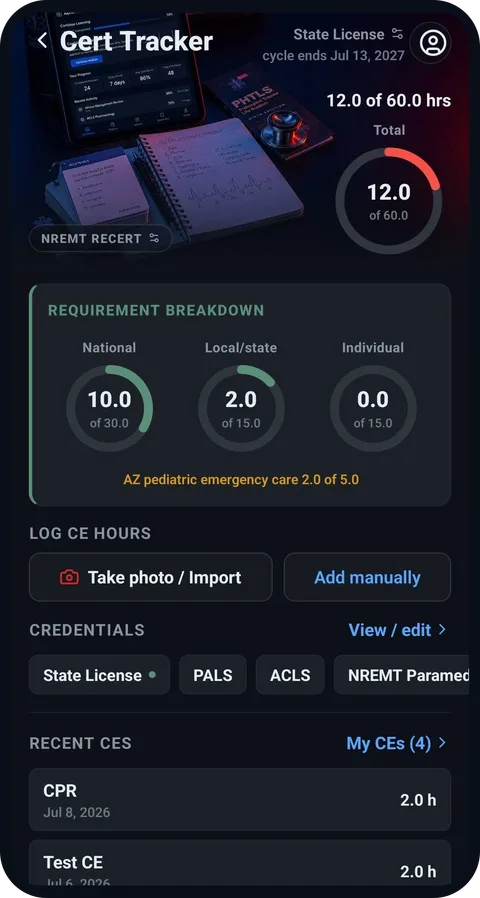 Cert Tracker screen showing CE hours progress and requirement breakdown