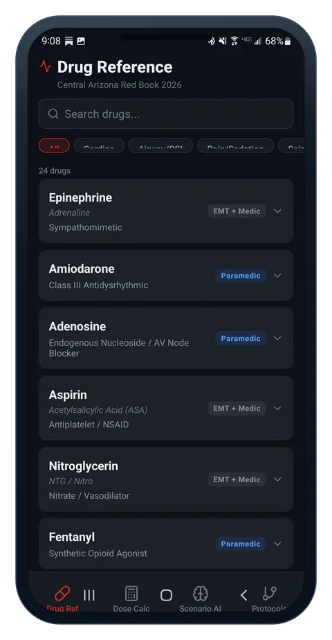 Alpha Medic drug reference list showing scope-tagged medications