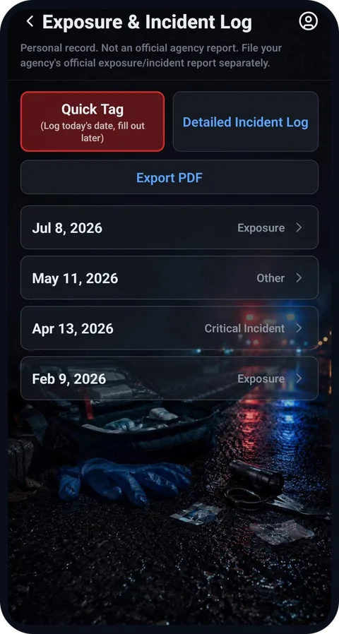 Exposure and Incident Log screen with quick-tag and dated entries